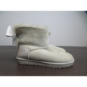 Ugg Mini Bailey Bow Boots Womens Size 10 Gray Suede Shearling Lined Ankle Winter